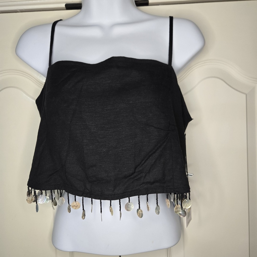 Jason Wu Linen Blend Beaded Fringe Shell Crop Top Black Size 6 NWT Lined Party